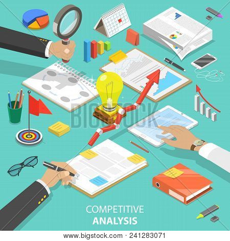 Flat Isometric Vector Concept Of Competitive Analysis, Company Marketing Plan, Competitors Evaluatin