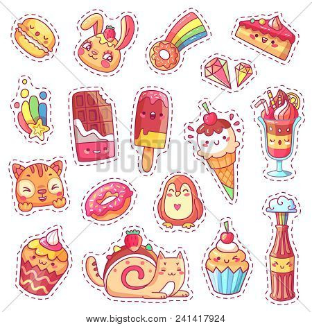 Patches Of Sweet Strawberry Kawaii Pink Dessert, Cherry Ice Cream, Donut, Cupcake, Positive Happy An