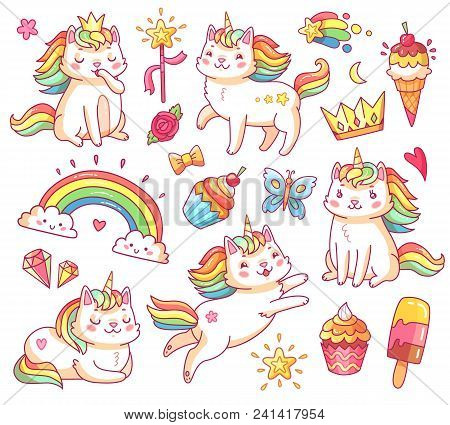 Cute Magic Colorful Fairytale Funny Unicorn Cats In Crown, Sweet Cupcakes, Ice Cream, Rainbow And Cl