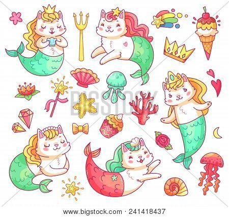 Mermaid Princess Kitty Cat Cartoon Characters. Colorful Underwater Sweet Cute Magic Fairy Cats Merma