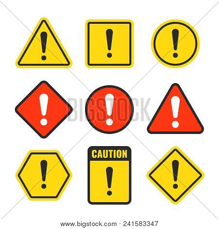 Exclamation Mark Beware Icons. Attention And Caution Signs. Hazard Warning Vector Symbol Isolated. I