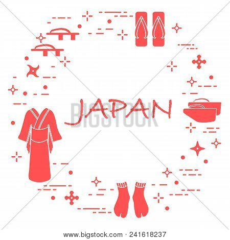 Traditional Japanese Clothing, Shoes And Shurikens. Japan Traditional Design Elements.