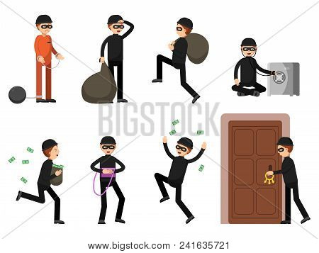 Criminal Illustrations Of Theif Characters In Different Action Poses. Burglar Male, Cartoon Running 