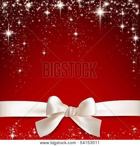 Gift white ribbon with bow over red starry christmas background. Vector illustration. 