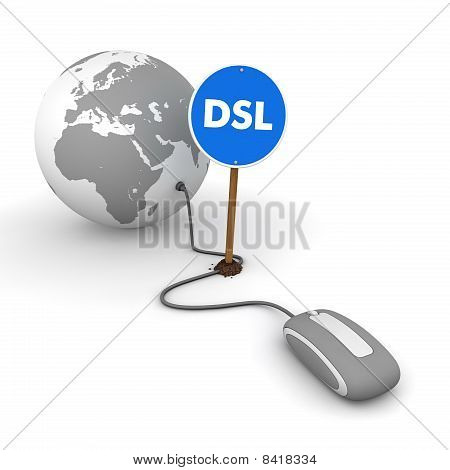 Surfing The Web In Grey - Blue Dsl Sign On The Cable