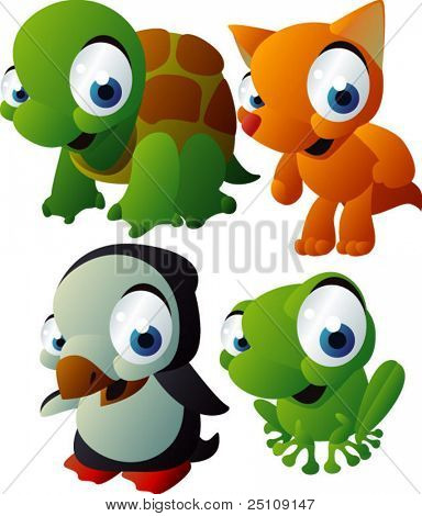 vector animal set 125: turtle, fox, penguin, frog