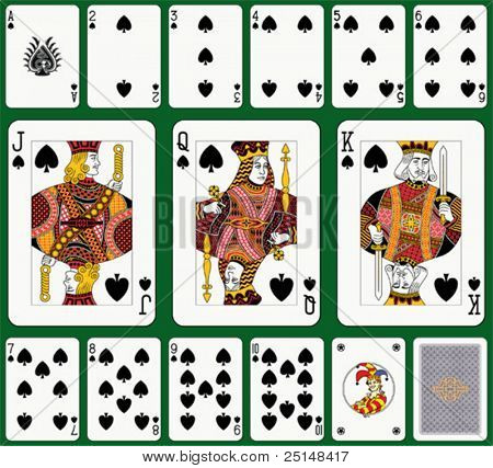 Spade suit. Jack, Queen and King double sized. Green background in a separate level.