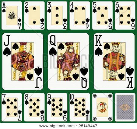 Spade suit large index. Jack, queen and king double sized. Green background in a separate level