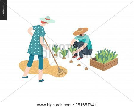 Harvesting People, Fall - Flat Vector Concept Illustration Of A Man Wearing Straw Hat Gathering In R