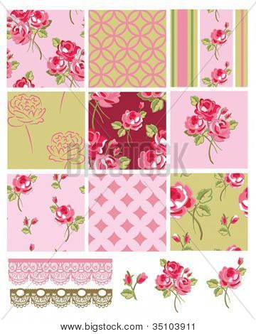 Shabby Chic Vector Rose Seamless Patterns.  Use to create digital paper or print onto fabric for home furnishings or quilts.