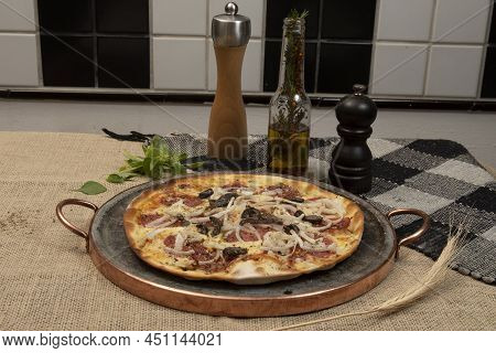 Brazilian Pizza With Pepperoni, Cheese, Onion And Black Olive , Top View