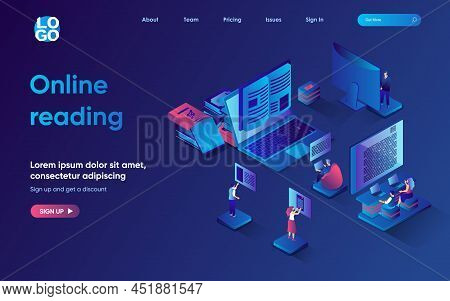 Online Reading Concept 3d Isometric Web Landing Page. People Read E-books And Studying Textbooks Usi