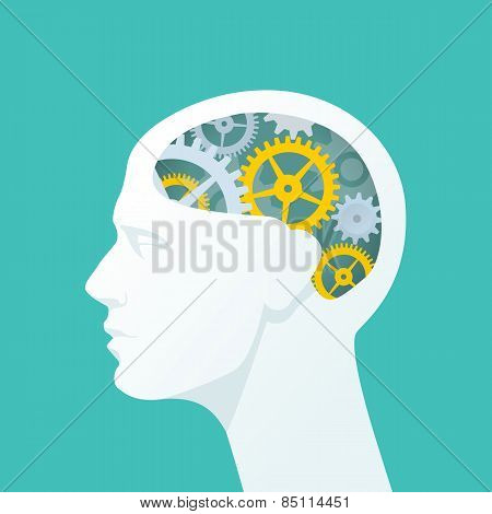 Human Head With Gears. Head Thinking.