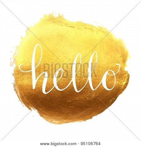 Hello hand lettering on splash golden background