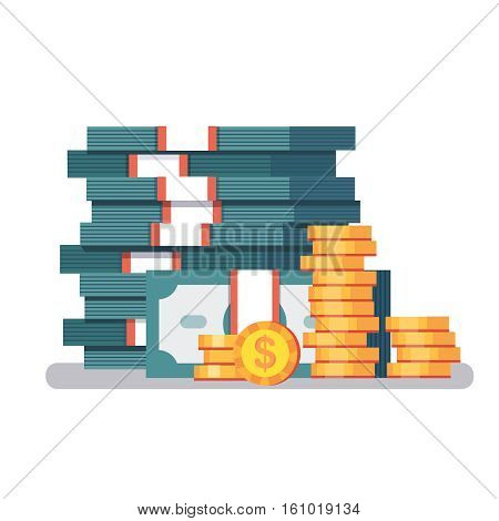 Big stacked pile of cash and some gold coins. Currency straps holding dollar bills money. Modern colorful flat style vector illustration isolated on white background.