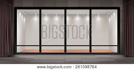 Vector Illustration Of Storefront, Glass Illuminated Showcase For Presentations And Museum Exhibitio