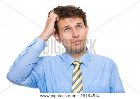 young businessman scratching his head, hard decision, studio shoot isolated on white background