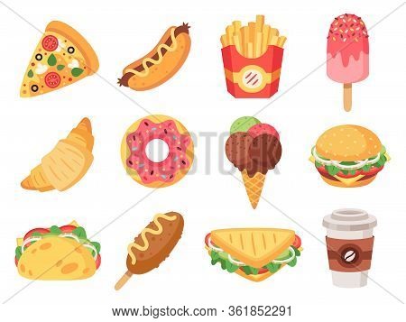 Fast Food. Junk Food And Snacks, Hamburger, Taco, French Fries, Donut And Pizza High Calorie Food. D