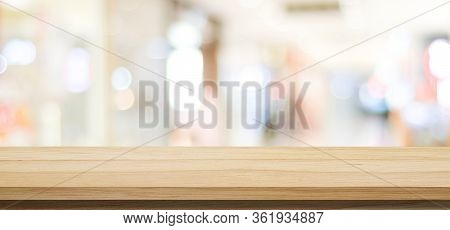 Wood Table Background And Blur Background, Empty Wooden Counter, Shelf Surface Over Blur Restaurant 