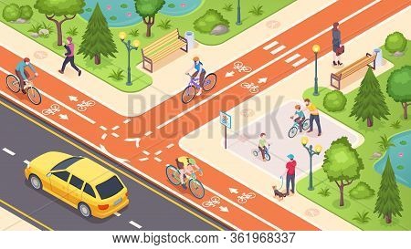 Bicycle Path And Bike Road Lane In City Street, Vector Isometric Illustration. Urban Traffic Road La