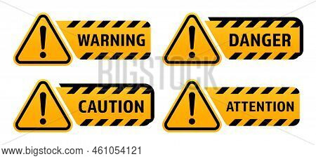 Warning Signs With Exclamation Mark. Warning Sign, Danger Sign, Caution Sign, Attention Sign. Vector