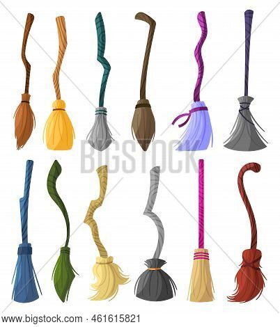 Witch Brooms. Magic Halloween Broomstick, Wizard Broom And Old Wooden Clean Tool For Housework Carto