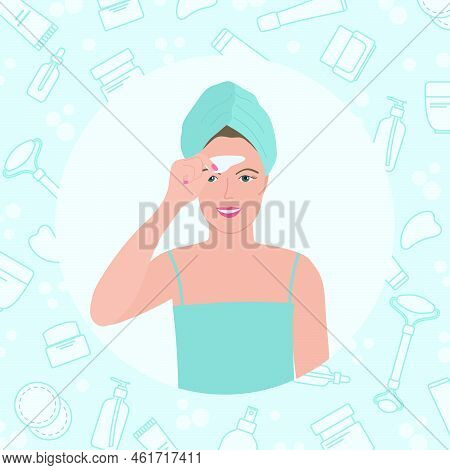 Vector Illustration Beauty Routine Procedures At Home. Woman Does Facial Massage With Scrapers Gua S