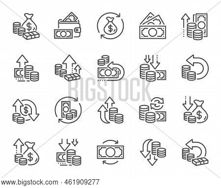 Money Line Icons. Finance, Revenue Reduction And Financial Benefit Set. Economy, Money Savings And I