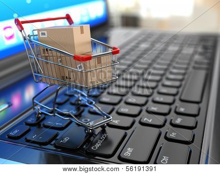 E-commerce. Shopping cart with cardboard boxes on laptop. 3d