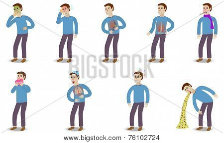 Sick characters set of people with pain and diseases isolated vector illustration.