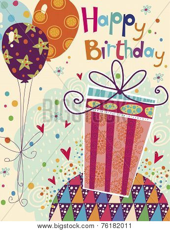 Beautiful happy birthday greeting card with gift and balloons in bright colors.Birthday card.