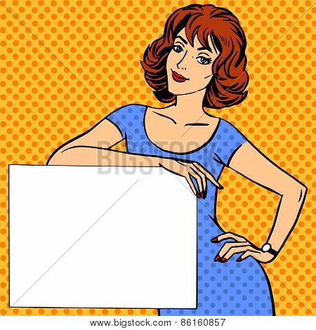 Woman With Poster Place For Text Pop Art Vintage Comic