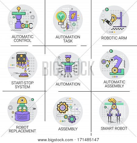 Automatic Robot Machinery Industrial Automation Industry Production Icon Set Vector Illustration