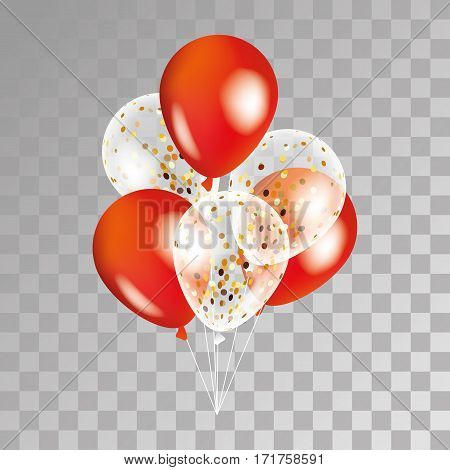 Gold and red transparent balloon on background. Party balloons for event design. Balloons isolated in the air. Party decorations for birthday, anniversary, celebration. Shine transparent balloon.