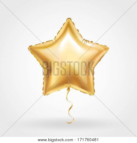 Gold star balloon on background. Party balloons event design decoration. Balloons isolated in the air. Party decorations wedding, birthday, celebration, anniversary, award. Shine Golden balloon