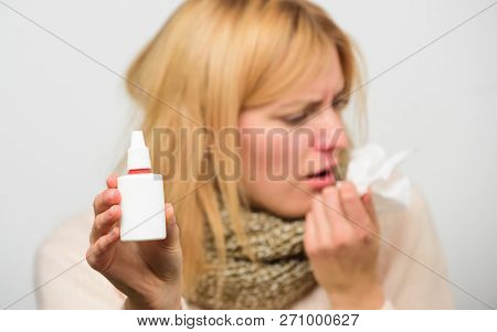 Cold And Flu Remedies. Runny Nose And Other Symptoms Of Cold. Nasal Drops Bottle. Nasal Spray Runny 