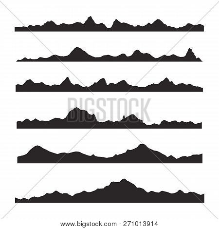 Mountains Silhouettes On The White Background. Wide Semi-detailed Panoramic Silhouettes Of Highlands