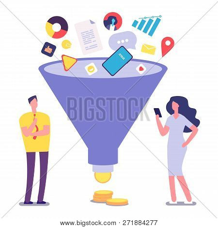 Sale Funnel. Lead Management Optimization And Generation. Sale Conversion Vector Illustration. Marke