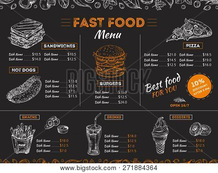 Fast Food Menu. Sketch Sandwich Burger, Pizza Snacks Vintage Design On Chalkboard. Fast Food Restaur