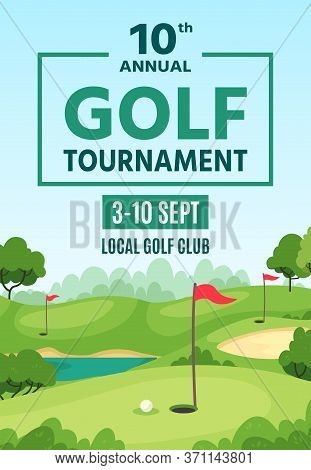 Golf Poster. Green Course, Holes With Flagsticks And Sand Traps, Championship Or Tournament Flyer, G