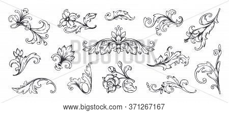 Baroque Ornament. Vintage Floral Border Elements, Engraved Leaves And Frame Filigree Arabesque. Vect