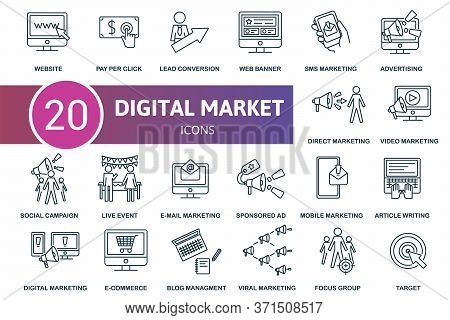 Digital Marketing Icon Set. Collection Contain Blog Management, E-mail Marketing, Sms Marketing, Liv