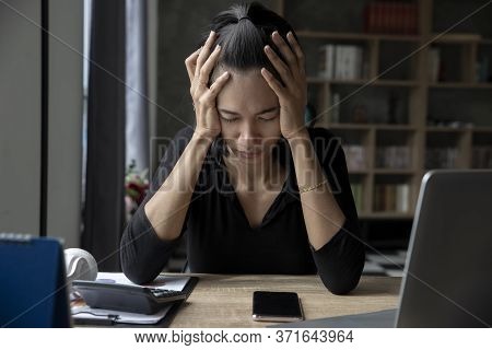 Stressed Businesswoman, Frustrated And Upset In Business Pressure And Overworked At Home Office. Adu