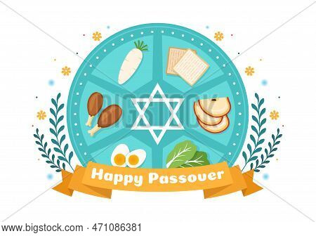 Happy Passover Illustration With Wine, Matzah And Pesach Jewish Holiday For Web Banner Or Landing Pa