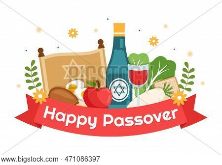 Happy Passover Illustration With Wine, Matzah And Pesach Jewish Holiday For Web Banner Or Landing Pa