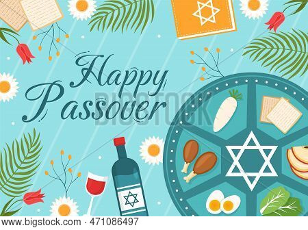 Happy Passover Illustration With Wine, Matzah And Pesach Jewish Holiday For Web Banner Or Landing Pa