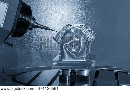 The 5-axis Machining Center Cutting The V8 Engine Cylinder Block With Solid Ball End Mill Tool. The 