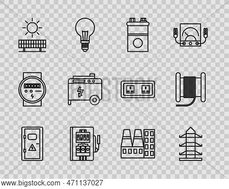 Set Line Electrical Cabinet, High Voltage Power Pole Line, Car Battery, Panel, Solar Energy And Sun,