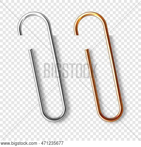 Realistic Copper And Steel Paperclips Attached To Paper. Shiny Metal Paper Clip, Page Holder, Binder