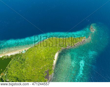 Aerial View Of Tropical Island With Beach And Coral Reef. Apo Island. Negros, Philippines.